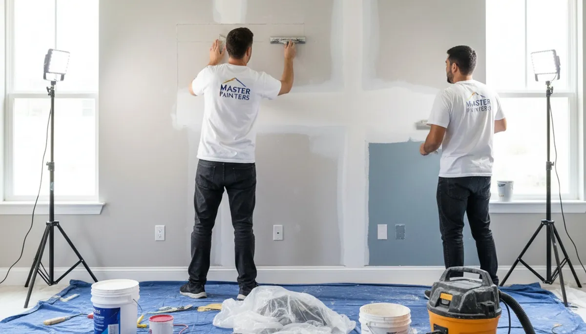 Technician performing drywall repair and wall restoration in a Modesto, CA home interior