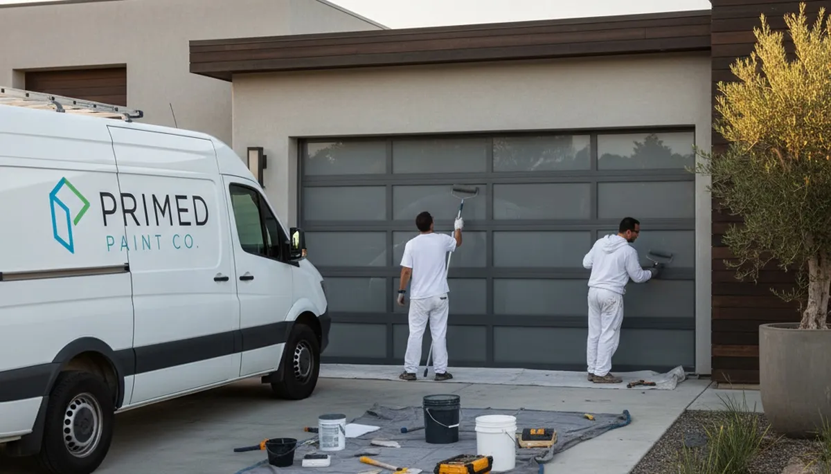 Professional painters finishing a garage door in Modesto, CA with durable exterior paint