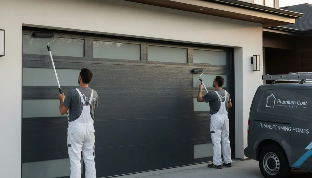 Professional painters refinishing a garage door in Modesto, CA with durable exterior paint finish