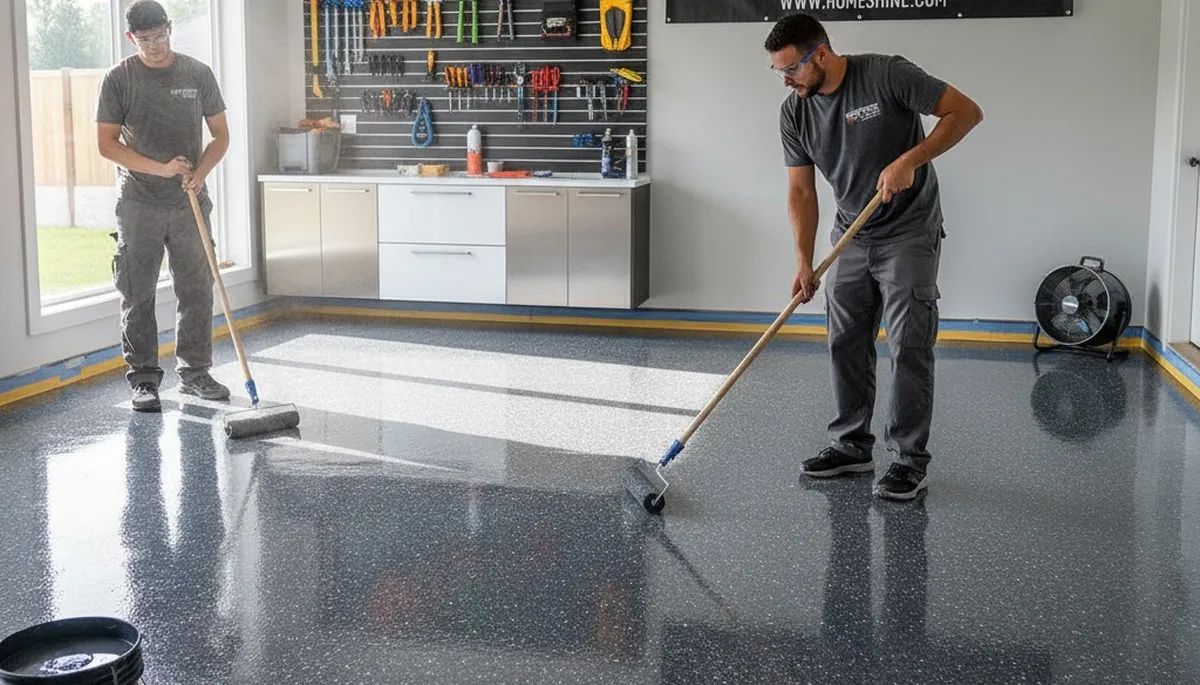Epoxy garage floor coating in Modesto, CA by professional house painters for durable, glossy finish