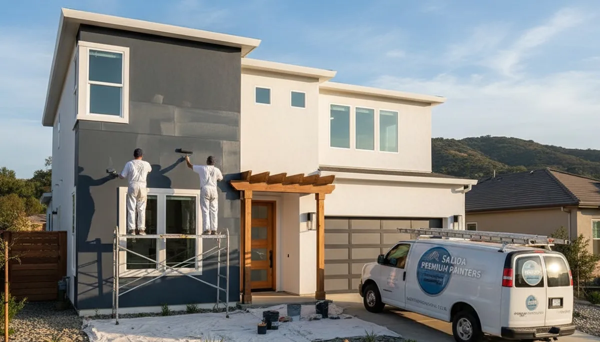 Professional house painters working on residential exterior in Modesto, CA