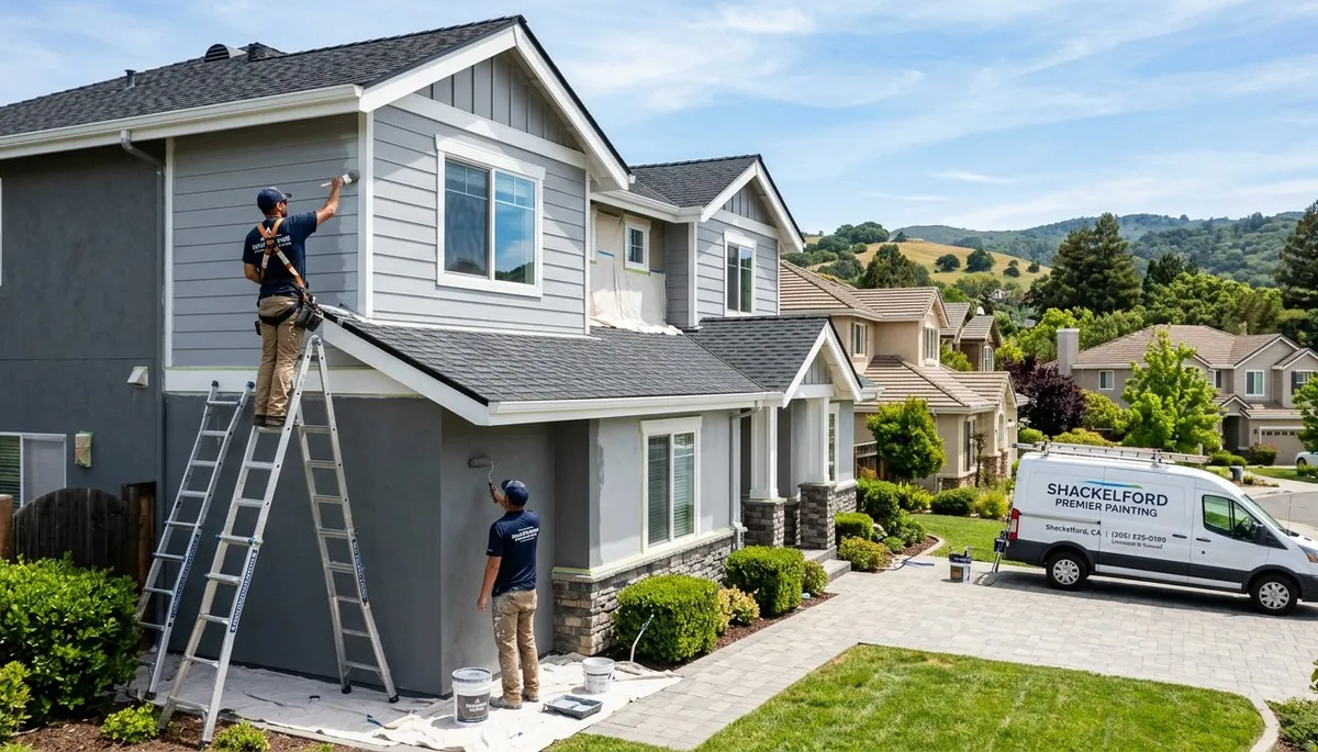 Professional house painters working on residential exterior in Modesto, CA