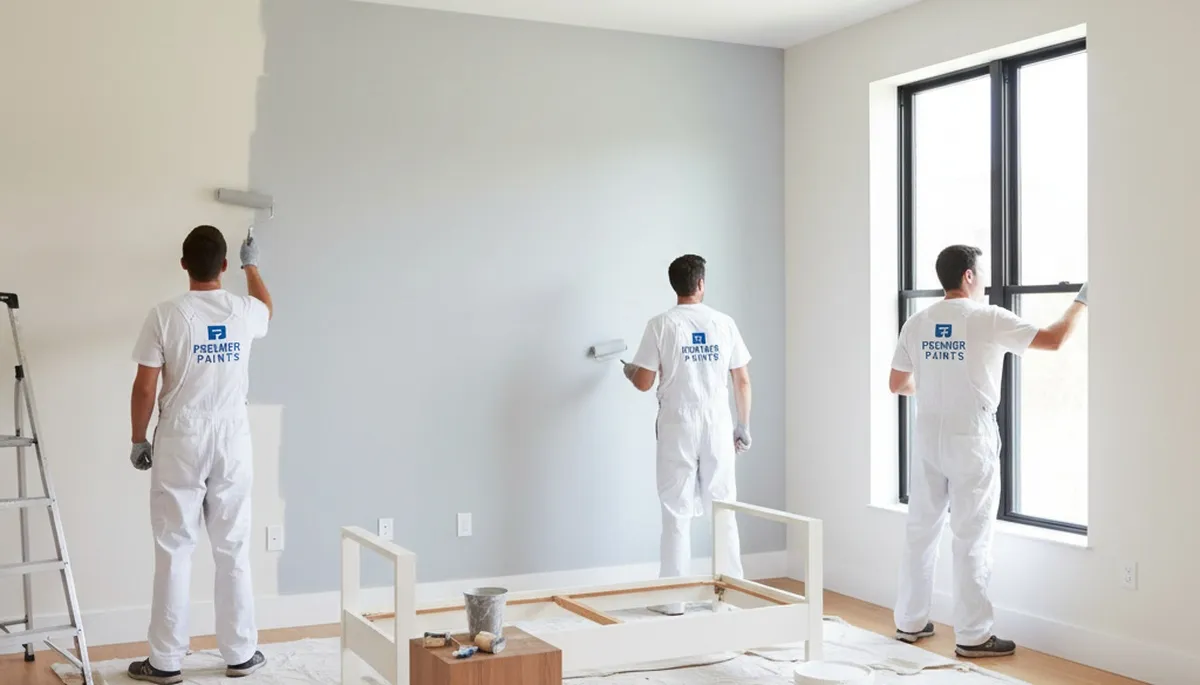 Professional interior house painters finishing living room walls in Modesto, CA