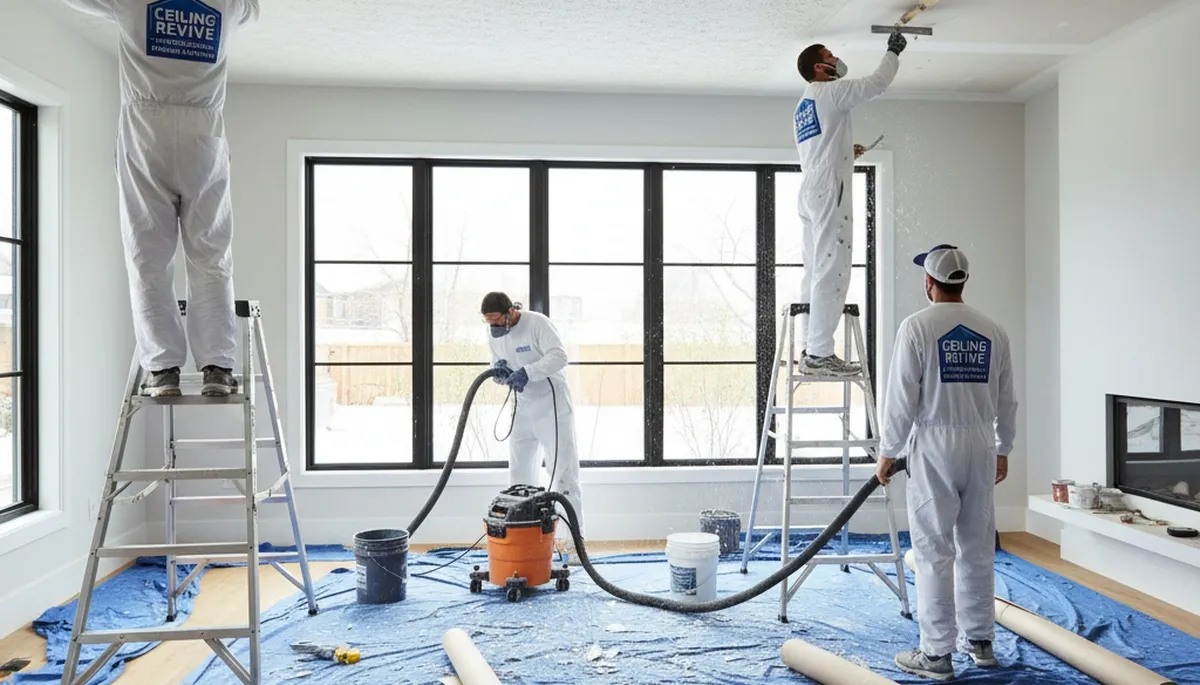 Painter removing popcorn ceiling in Modesto, CA home during professional ceiling resurfacing service