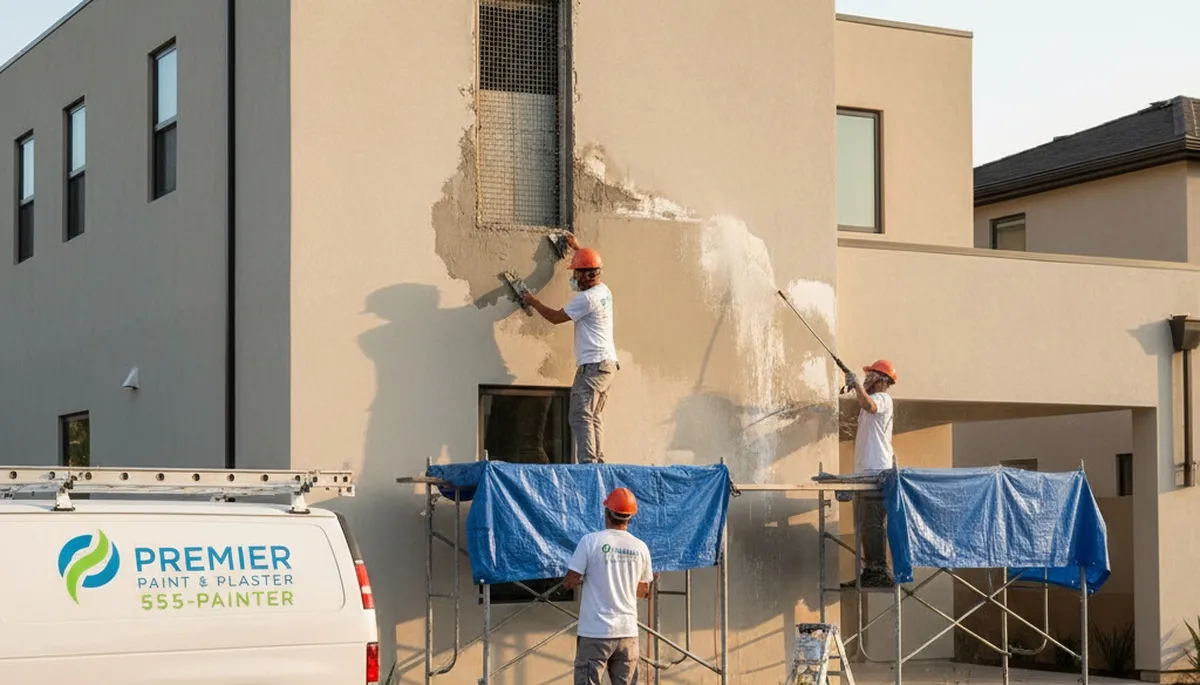 Professional stucco repair on Modesto CA home exterior by expert local painting contractors